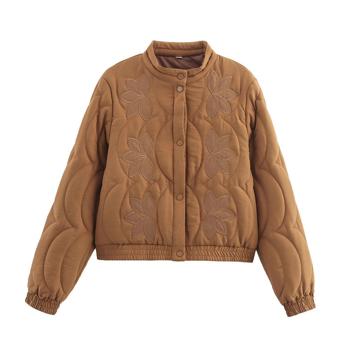 Women's Short Cut Quilted Jacket with Flower Applique and Stand-Up Collar Mune Fashion