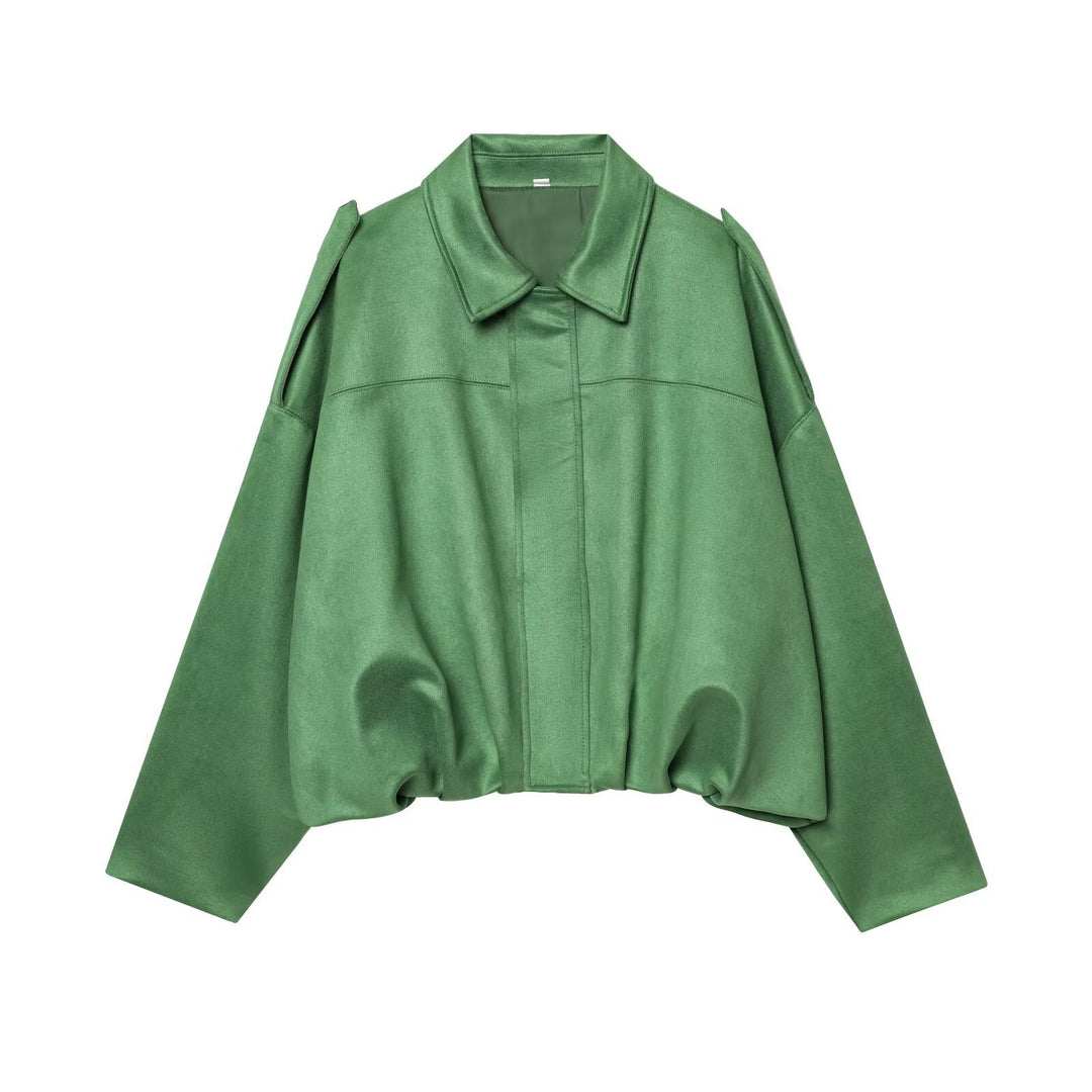 Women's Cropped Suede Look Blouson Jacket with Waist Smocking and Shoulder Patches Mune Fashion