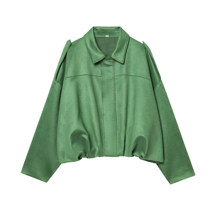 Women's Cropped Suede Look Blouson Jacket with Waist Smocking and Shoulder Patches Mune Fashion