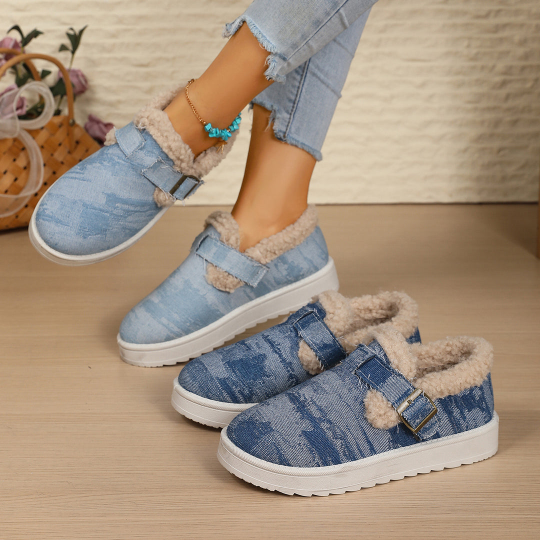 Women's Padded Denim Slip-On House Slippers with Teddy Lining and Adjustable Buckle Strap Mune Fashion