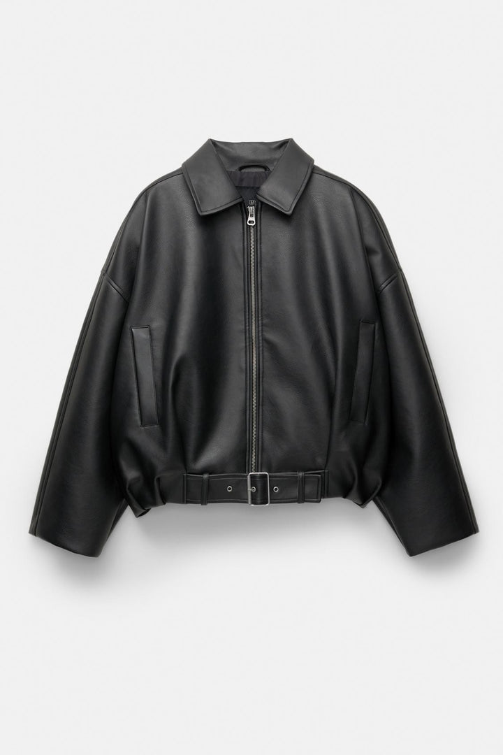 Women Oversized Leatherette Blouson with Waist Belt Mune Fashion