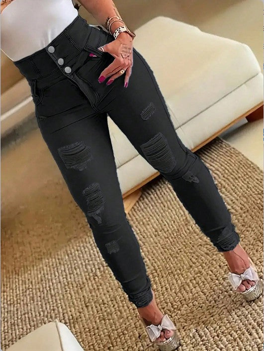 Women's High-Waisted Sculpting Skinny Jeans with Rips and Triple Button Mune Fashion