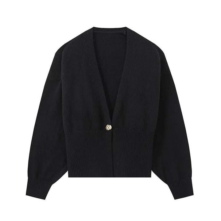Women Short V-Neck Cardigan with Balloon Sleeves and Decorative Button Mune Fashion