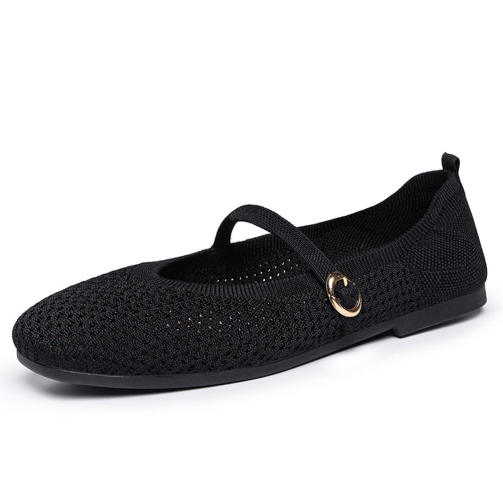 Women's breathable knitted Mary Jane ballerina shoes with elastic strap, gold decorative eyelet, and removable memory insole Mune Fashion