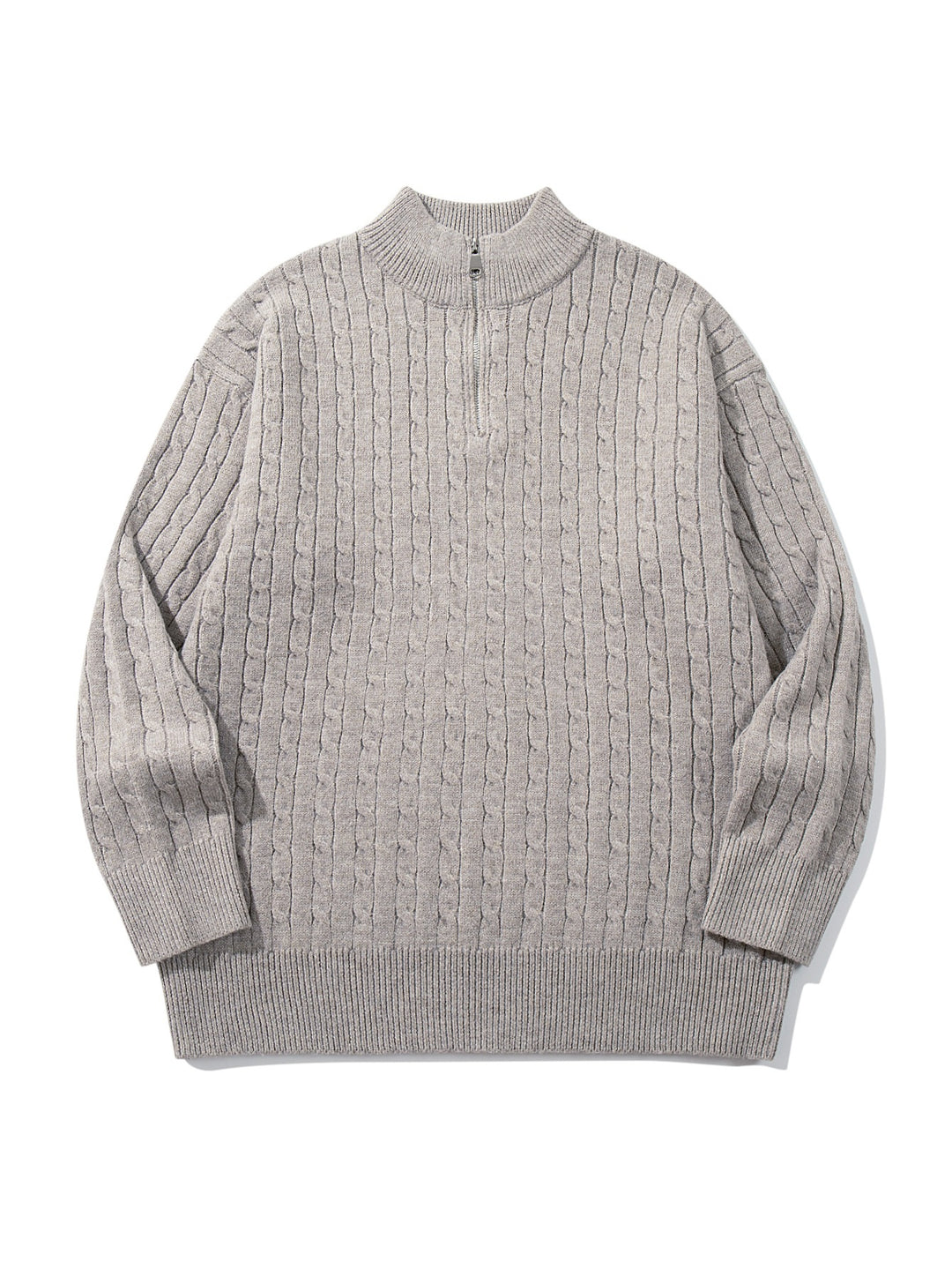 Unisex Cable Pattern Half-Zip Knit Sweater with High Ribbed Collar and Longer Hem Down
