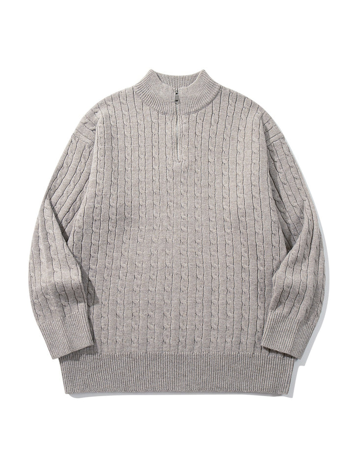 Unisex Cable Pattern Half-Zip Knit Sweater with High Ribbed Collar and Longer Hem Down