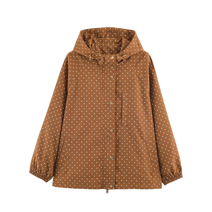Women's Lightweight Water-Repellent Hooded Jacket with Polka Dot Pattern and Snap Button Placket Mune Fashion