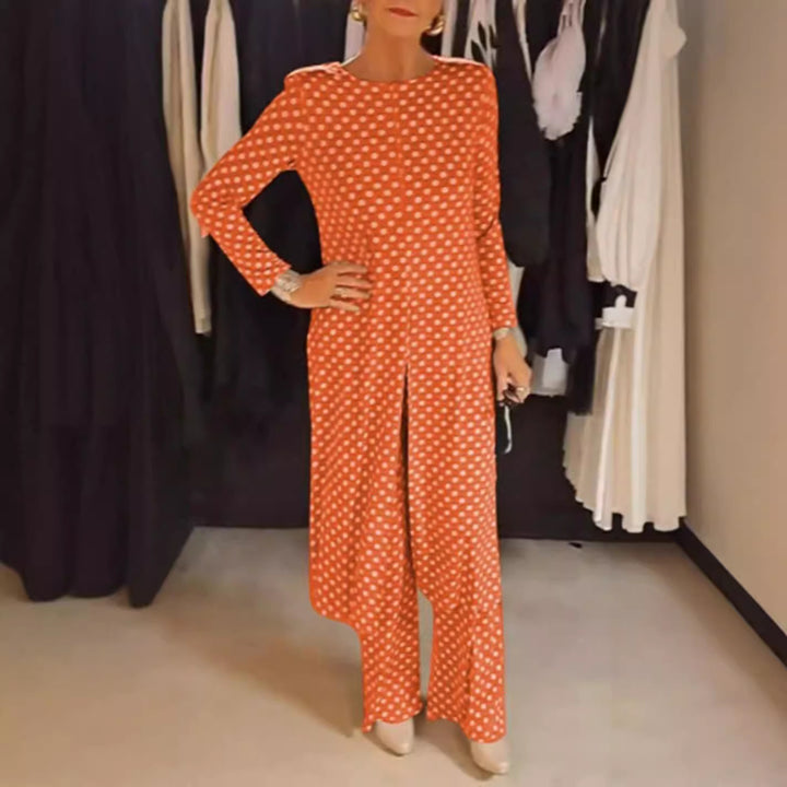 Women Nan Polka Dot Lounge Set with Long A-Line Tunic, Center Front Slit, and Wide Palazzo Pants Mune Fashion