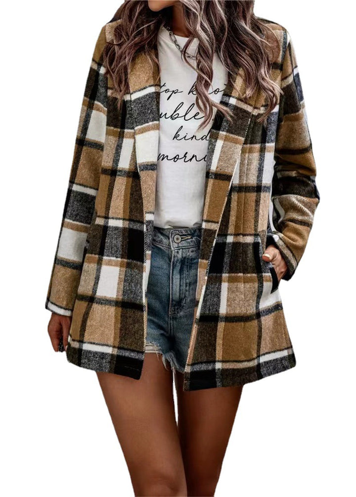 Women Checked Long Blazer Shacket Without Collar, Open Cut Mune Fashion