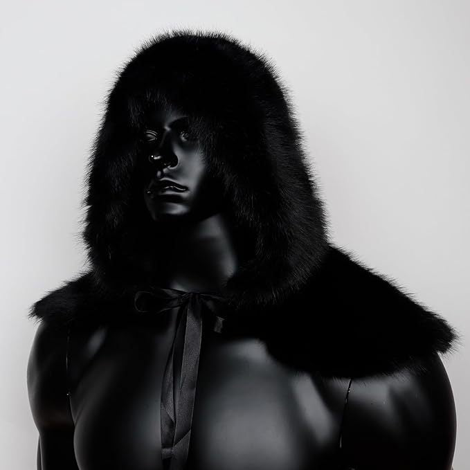 Men's hooded cloak made of dense faux fur with wide shoulder trim and warm interior lining Mune Fashion