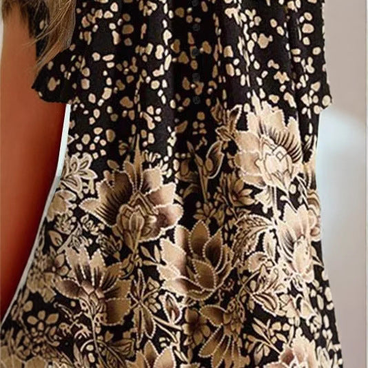 Women’s loose V-neck tunic top with floral trim and polka dot pattern Mune Fashion