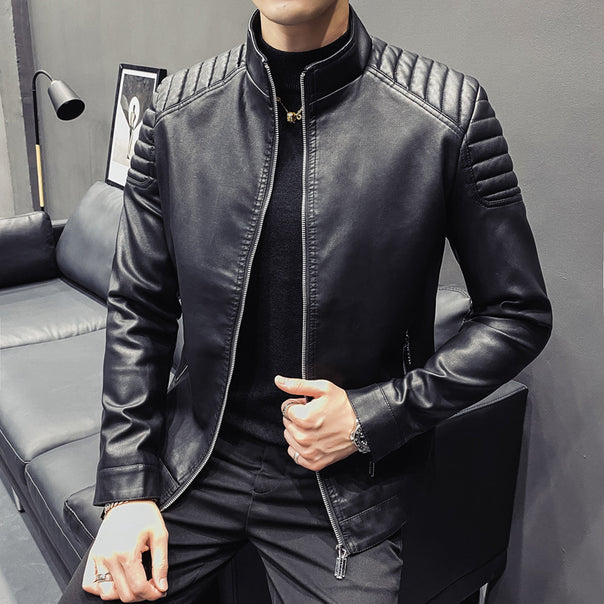 Men's slim faux leather moto jacket with ergonomic seams, ribbed quilt detailing at shoulders and concealed zipper pockets.
