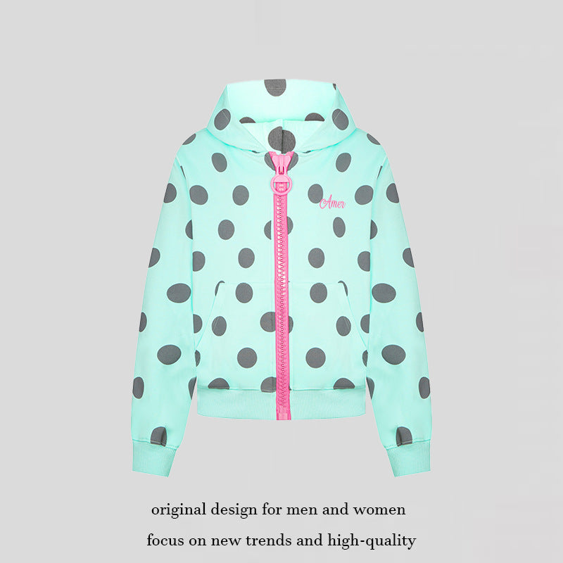 Women's cropped hooded zip jacket with large polka dot pattern and decorative zipper Mune Fashion
