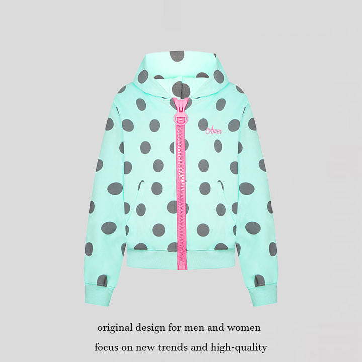 Women's cropped hooded zip jacket with large polka dot pattern and decorative zipper Mune Fashion