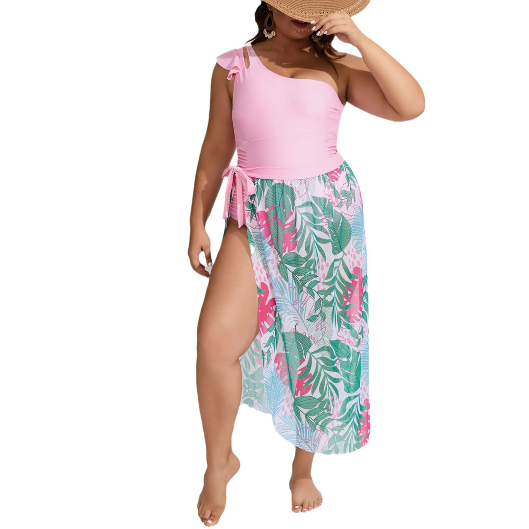 Women's One-Piece Swimsuit with Asymmetrical Cut and Floral Overlay Mune Fashion
