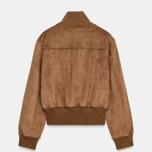 Women's Short Cut Velour Leather Bomber Jacket with Flap Pockets and Stand-Up Collar Mune Fashion