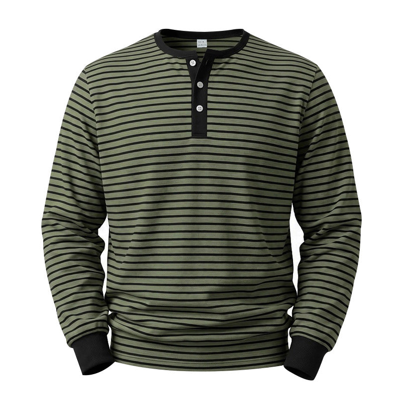 Men's Long Sleeve Henley Shirt made of Cotton Mix with Fine Stripes and Button Placket Mune Fashion