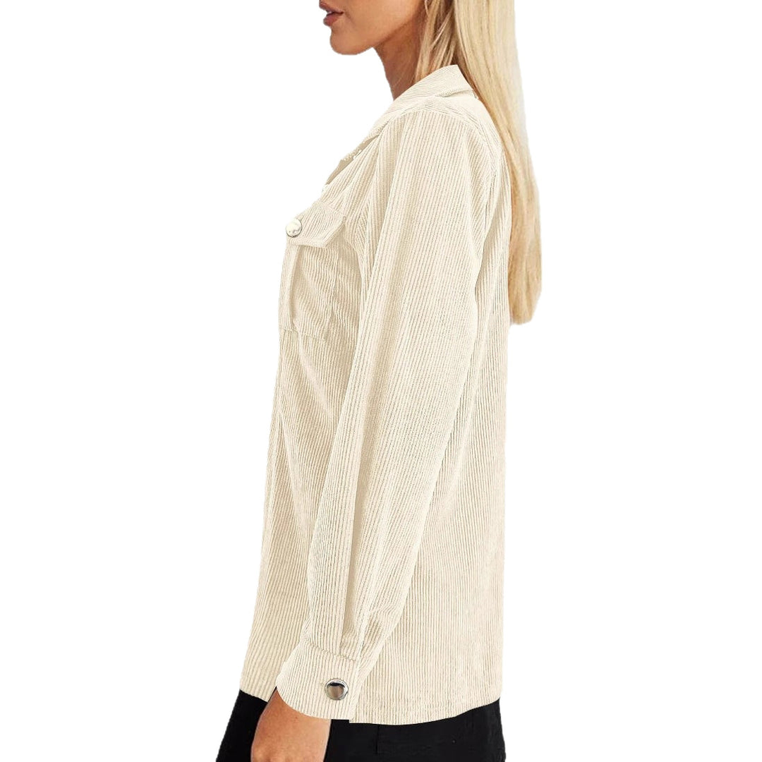 Women's Longline Cord Shirt Jacket with Chest Flaps and Snap Button Placket Mune Fashion
