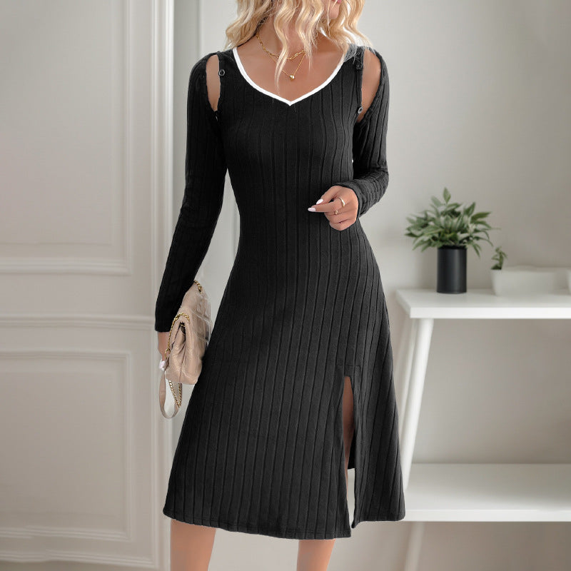 Women's Ribbed Knit Midi Dress with V-Neck, Body-Hugging Silhouette and Side Split Mune Fashion