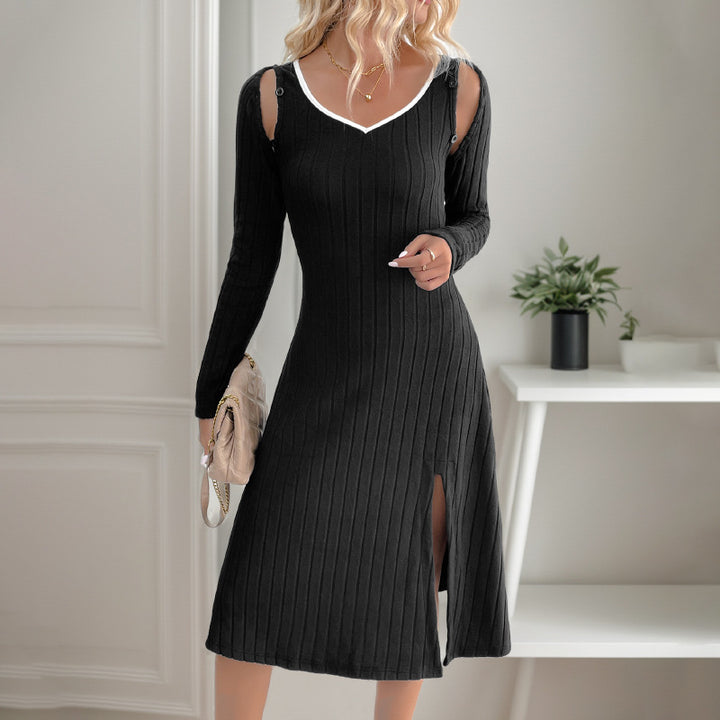 Women's Ribbed Knit Midi Dress with V-Neck, Body-Hugging Silhouette and Side Split Mune Fashion