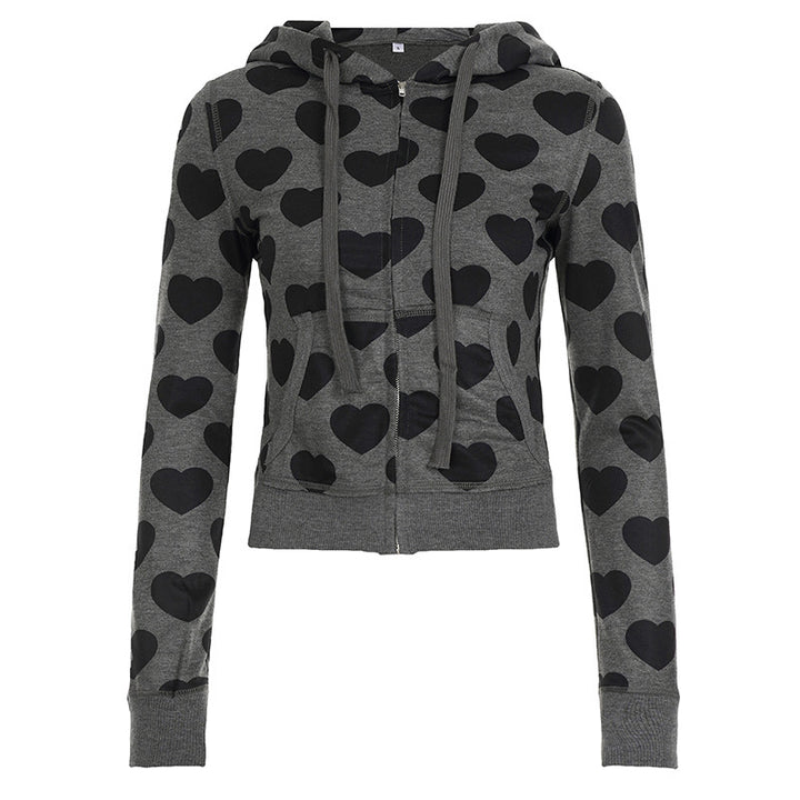 Women's Short Zip Hoodie with Kangaroo Pocket and Allover Heart Pattern Mune Fashion