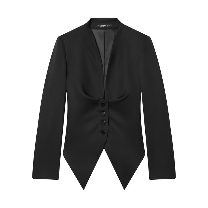 Women's Tailored Cropped Blazer with Pointed Hem and Deep V-Neck Mune Fashion