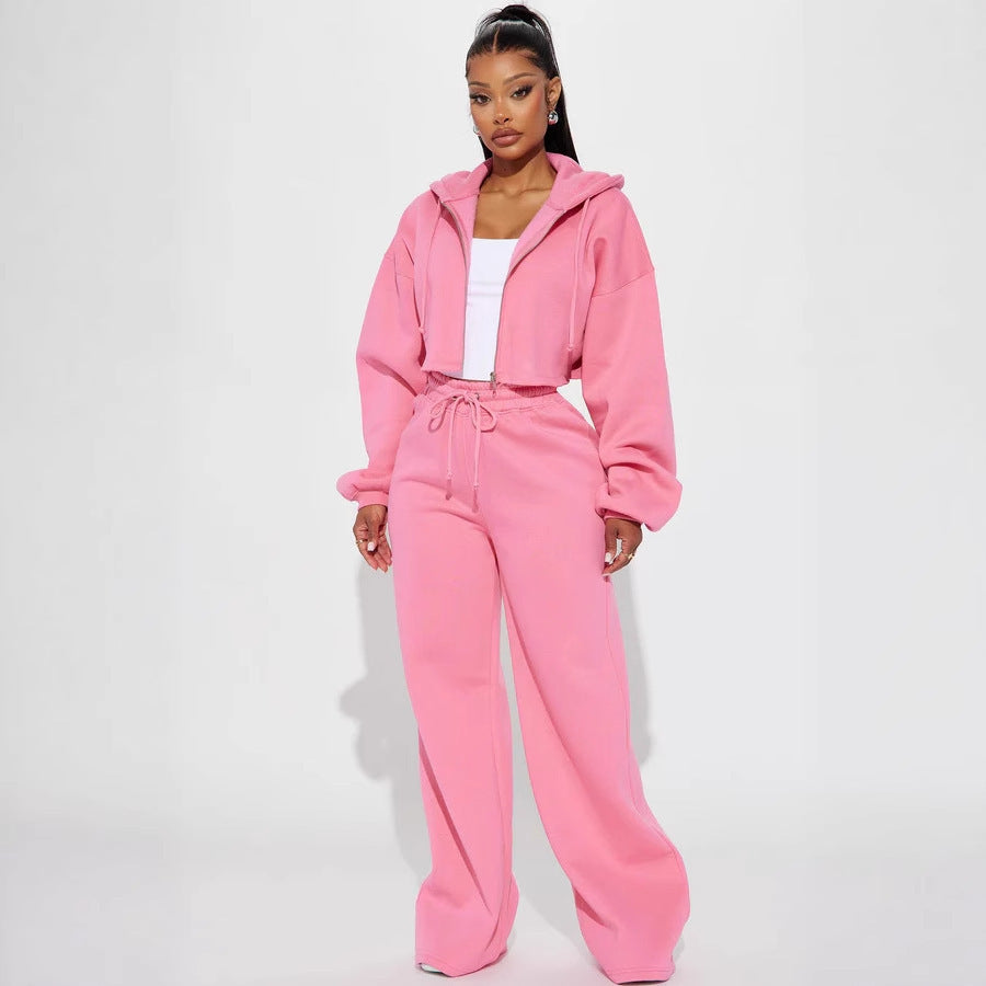 Women's cropped zip-up hoodie and high-waisted wide fleece jogger set Mune Fashion