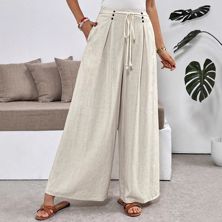 Women's Wide Palazzo Linen Pants with High Waist and Drawstring Mune Fashion