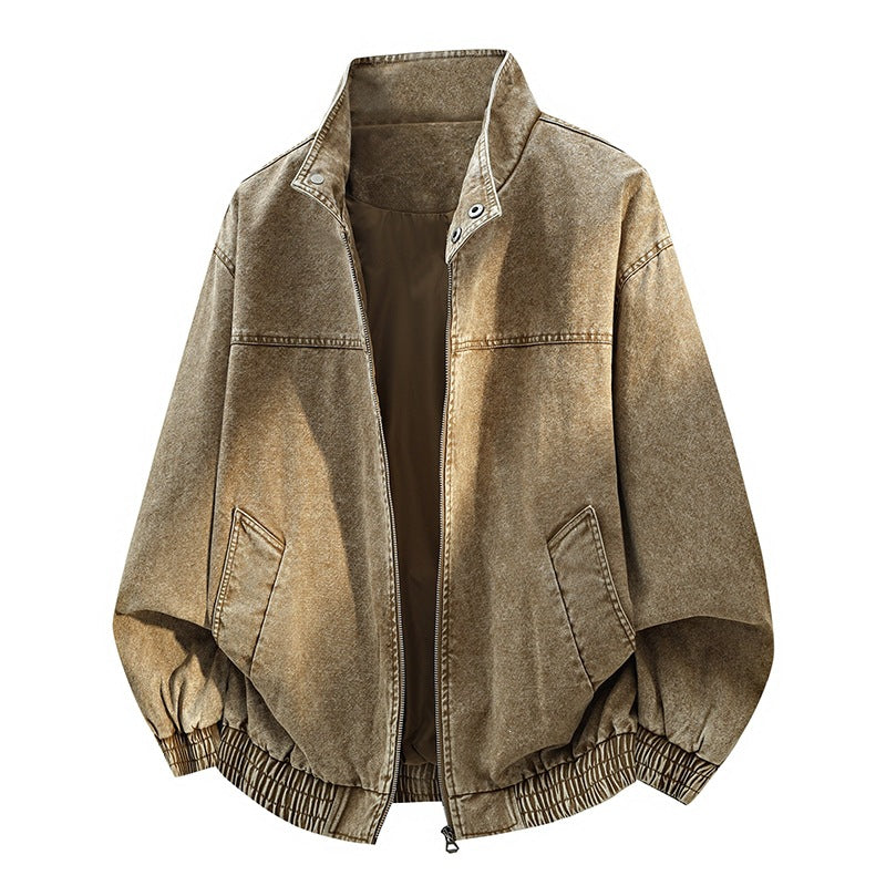 Men's Oversized Bomber Jacket in Used Effect with Stand-Up Collar, Elastic Band and Flap Pockets Mune Fashion