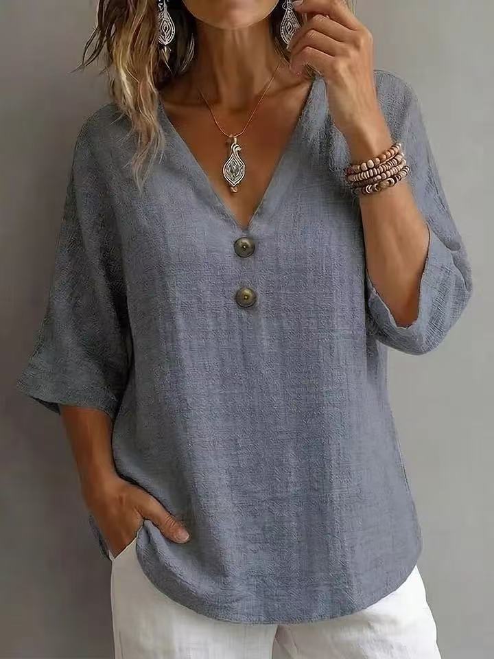 Women's Casual V-Neck Top with Button Details Mune Fashion
