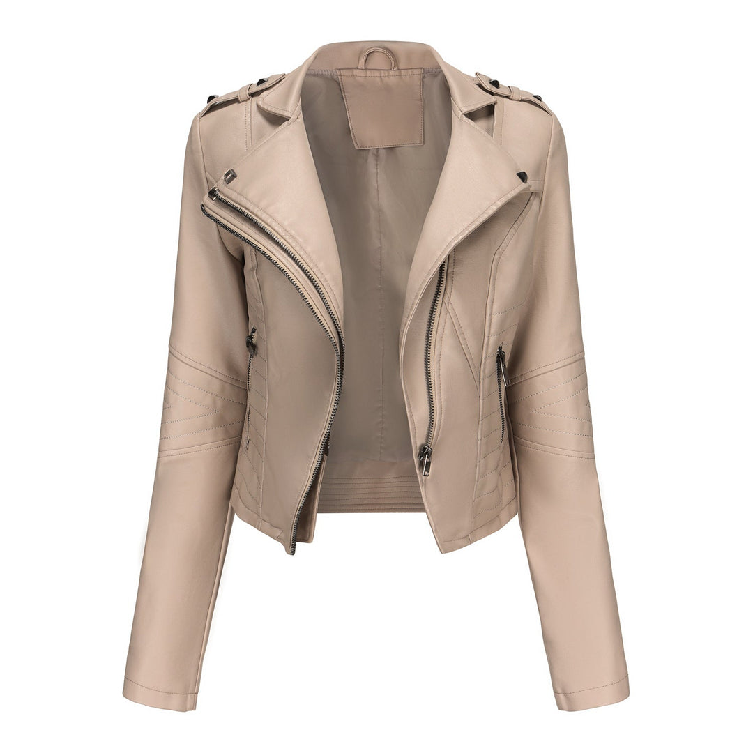 Women Stylish Biker Jacket with Asymmetrical Zipper and Detail Seams Mune