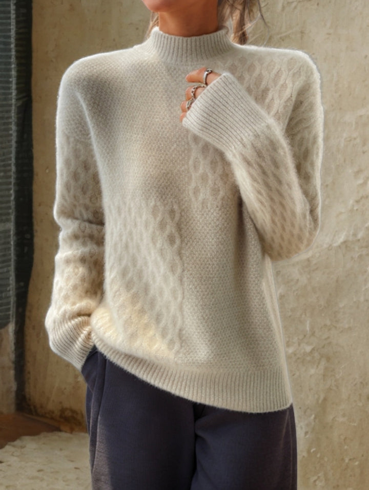 Ladies casual mohair blend fine knit sweater with structure mix, stand-up collar and dropped shoulders Mune Fashion