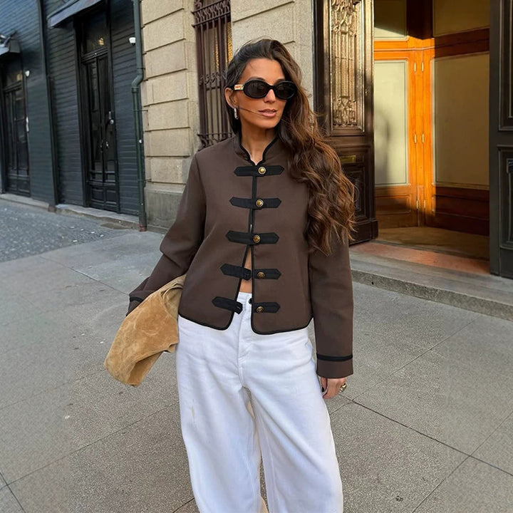 Women's Short Military-Inspired Jacket with Stand-Up Collar and Decorative Button Placket Mune Fashion