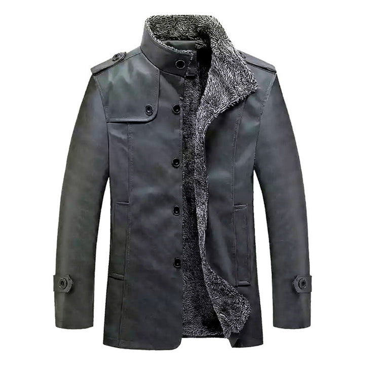 Men's Textured Faux Leather Midlayer Jacket with Teddy Fleece Lining, Stand Collar and Shoulder Patches Mune Fashion