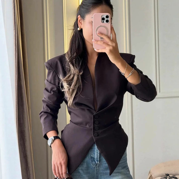 Women's Tailored Blazer with Pointed Hem and Deep V-Neck Mune Fashion
