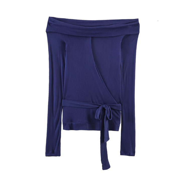 Women Off-Shoulder Wrap Top with Tie Belt and Ribbed Structure Mune Fashion