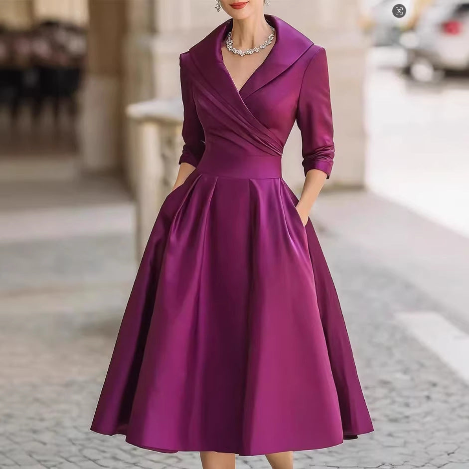 Women's Elegant Satin Midi Dress with Wrap Top, Mid-Length Sleeves and Side Pockets Mune Fashion