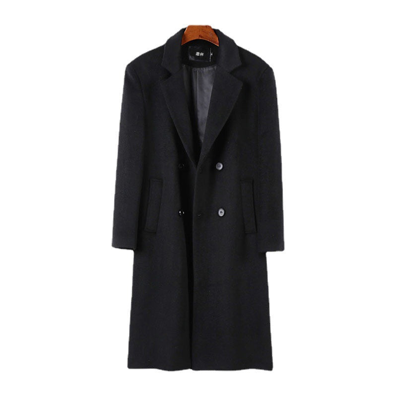 Men's Elegant Wool Blend Long Coat with Double-Breasted Front and Draped Lapel Mune Fashion
