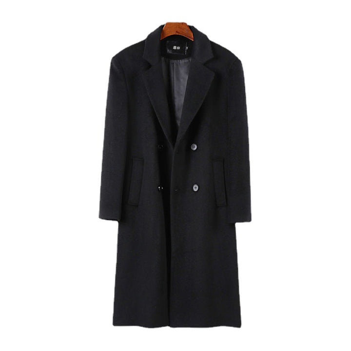 Men's Elegant Wool Blend Long Coat with Double-Breasted Front and Draped Lapel Mune Fashion