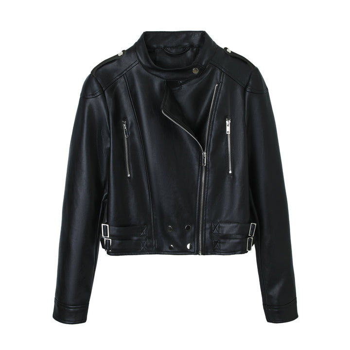 Women Cropped Biker Jacket made of Faux Leather with Stand-up Collar, Decorative Seams and Double Buckles Mune Fashion