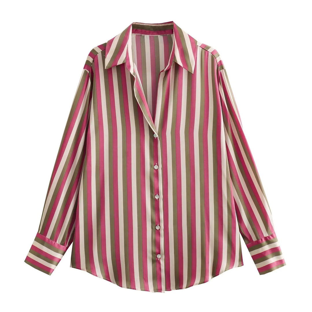 Ladies Oversized Satin Blouse with Shirt Collar and Wide Cuffs Mune Fashion