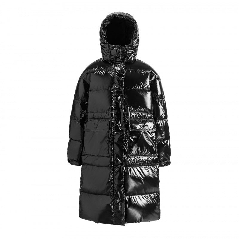 Women's longer shiny quilted puffer coat with hood, utility pockets and oversized silhouette Mune Fashion