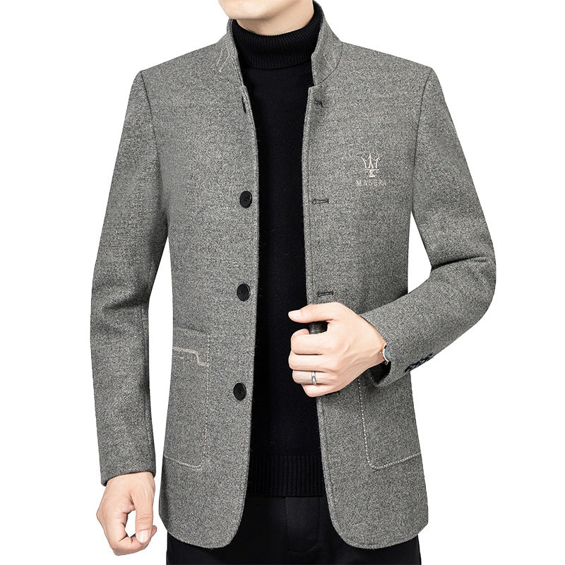Men's Short Blazer in Suit Style with Stand Collar and Textured Wool Blend Mune Fashion