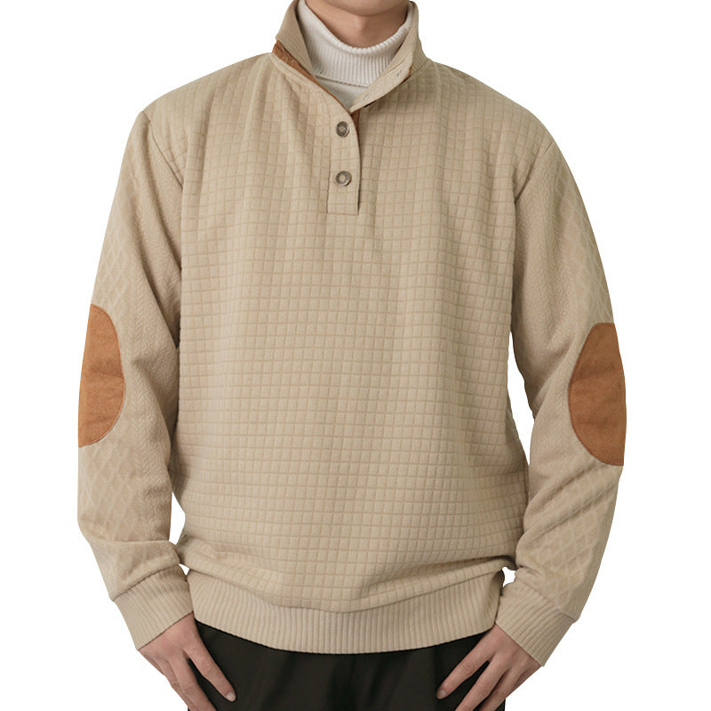 Men's waffle knit half-zip sweater with stand-up collar, leather accents, and elbow patches Mune Fashion