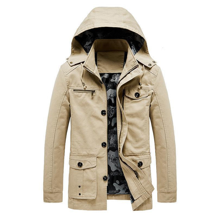 Men's Canvas Field Jacket with Hood, Multifunctional Pockets and Camouflage Lining Mune Fashion