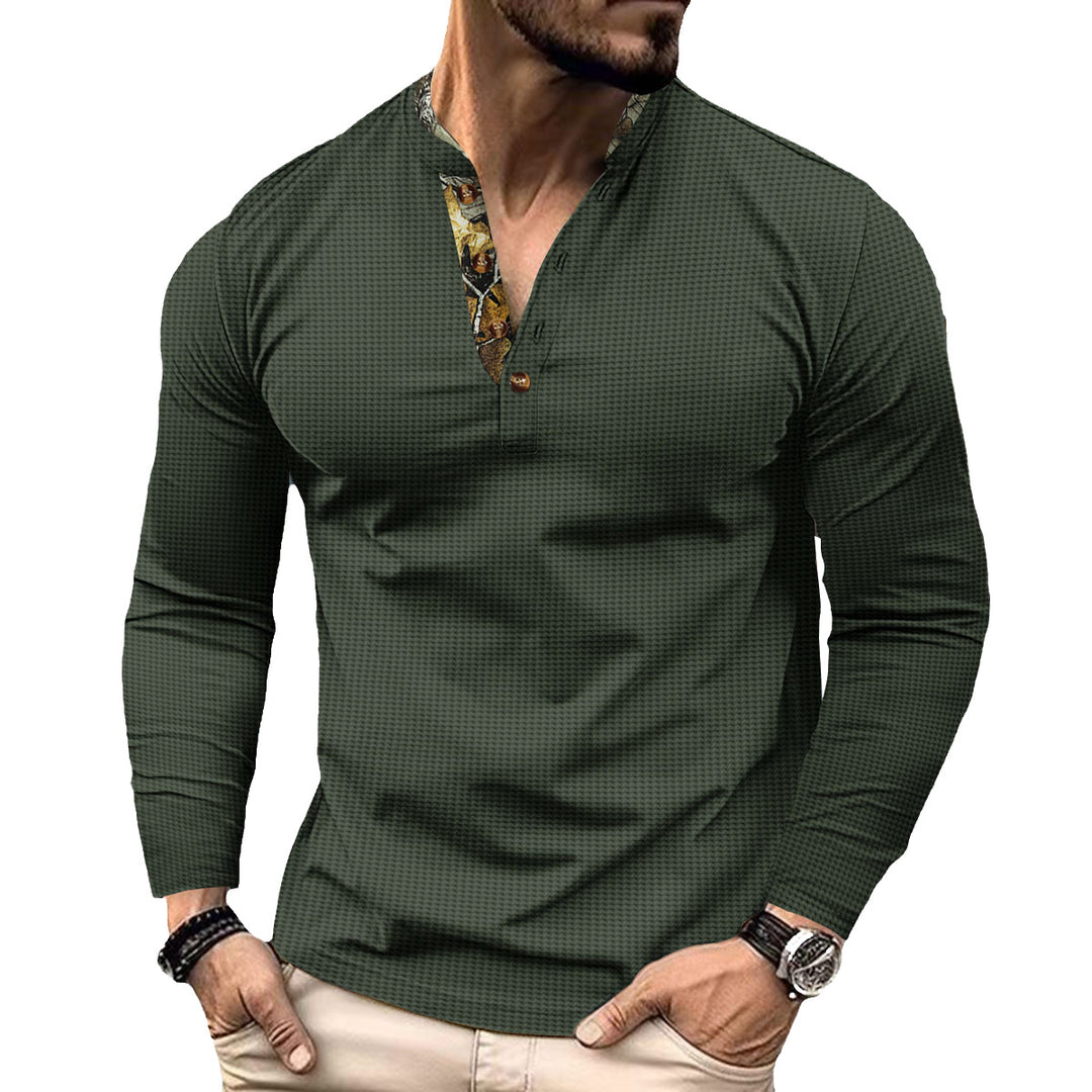 Men's long-sleeved Henley shirt with stand-up collar and patterned button placket trim Mune Fashion