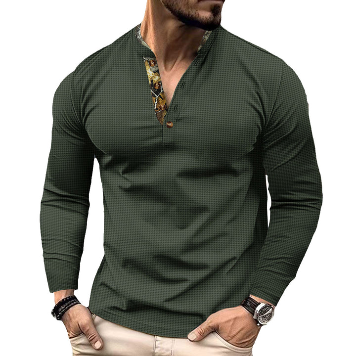 Men's long-sleeved Henley shirt with stand-up collar and patterned button placket trim Mune Fashion