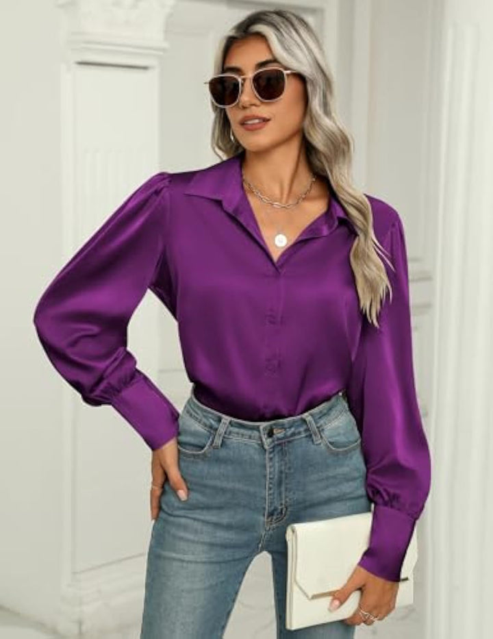 Women's silk look blouse with shirt collar, concealed button placket and long cuffs Drune