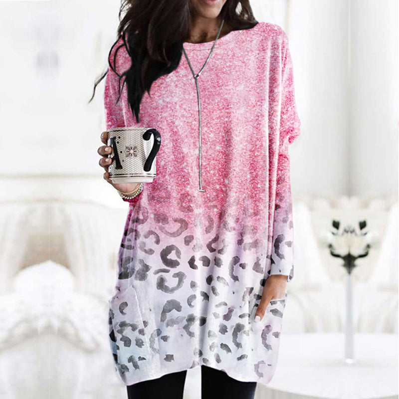 Women Oversize Longshirt-Tunic with Ombre Leopard Print and Side Pockets Mune Fashion