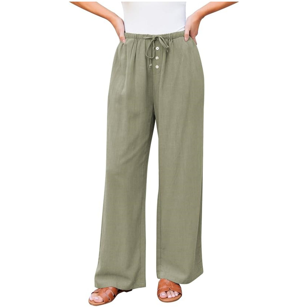 Women's wide linen pants with elastic waistband, drawstring, and button placket Mune Fashion
